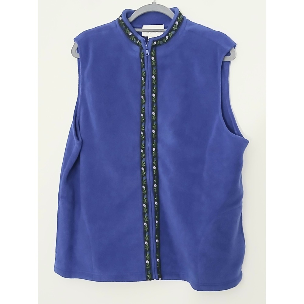 Simply‎ Susan Graver Vest Large Blue Full Zip Fleece Floral Trim Pockets Vintage